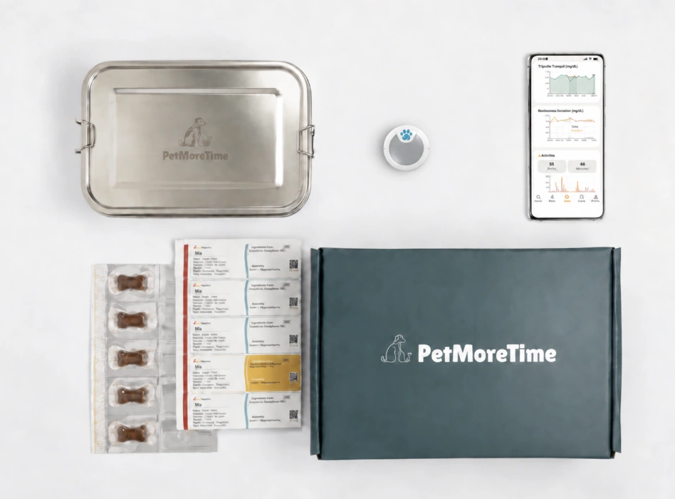 Kit PetMoreTime: pote de metal, monitor, petiscos, sachês diários e aplicativo